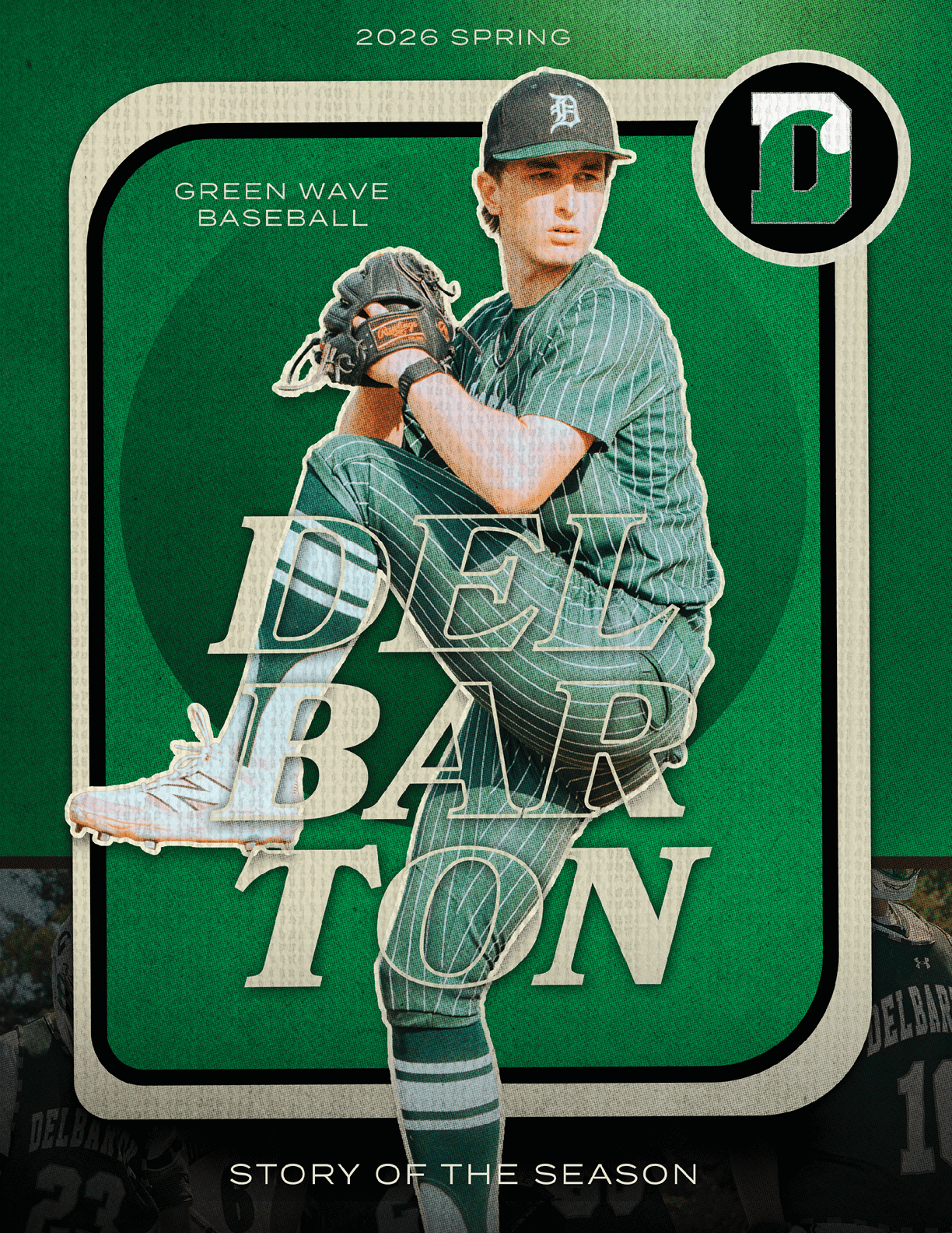A baseball player wearing a green shirt and black hat. Description generated by AI