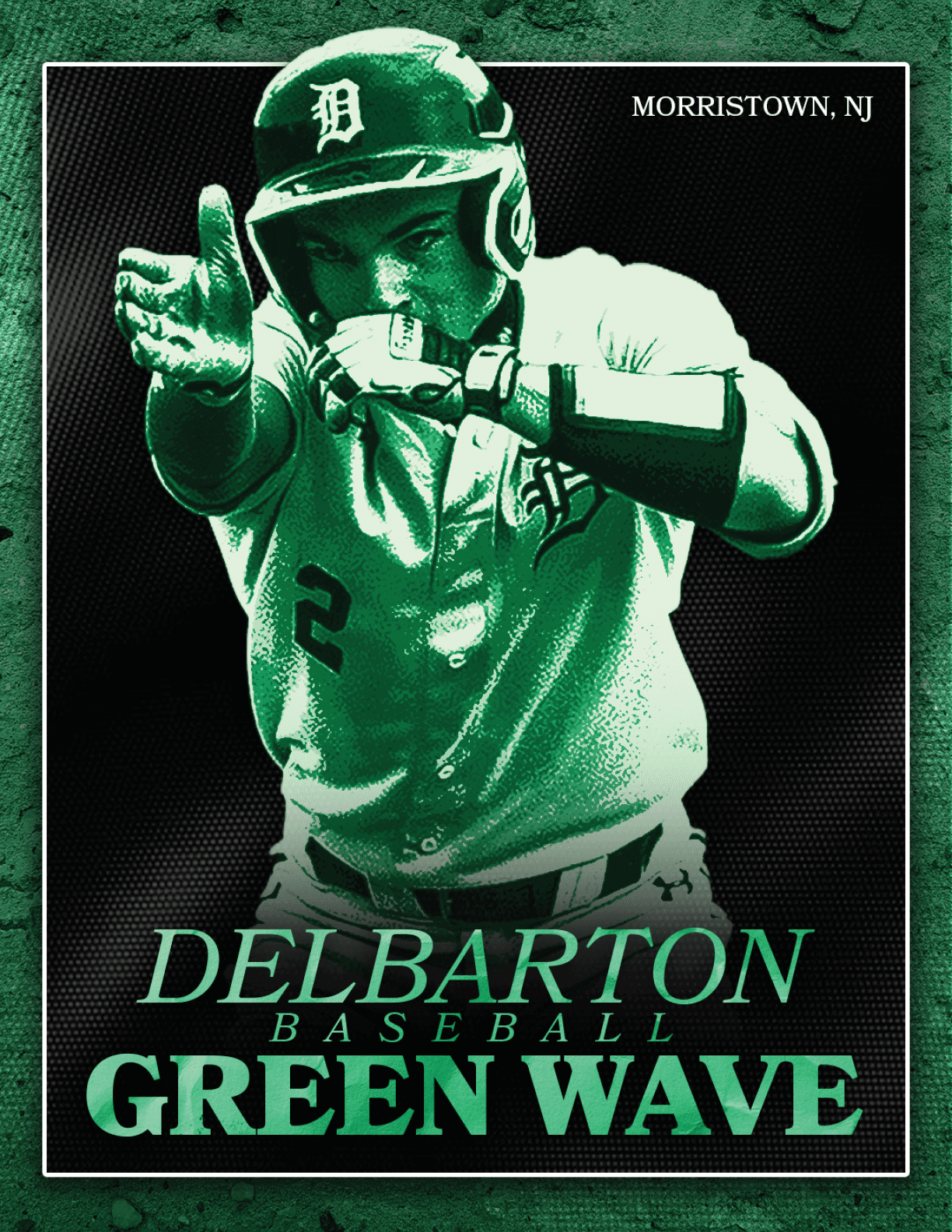 A baseball player wearing a green shirt and a helmet. Description generated by AI