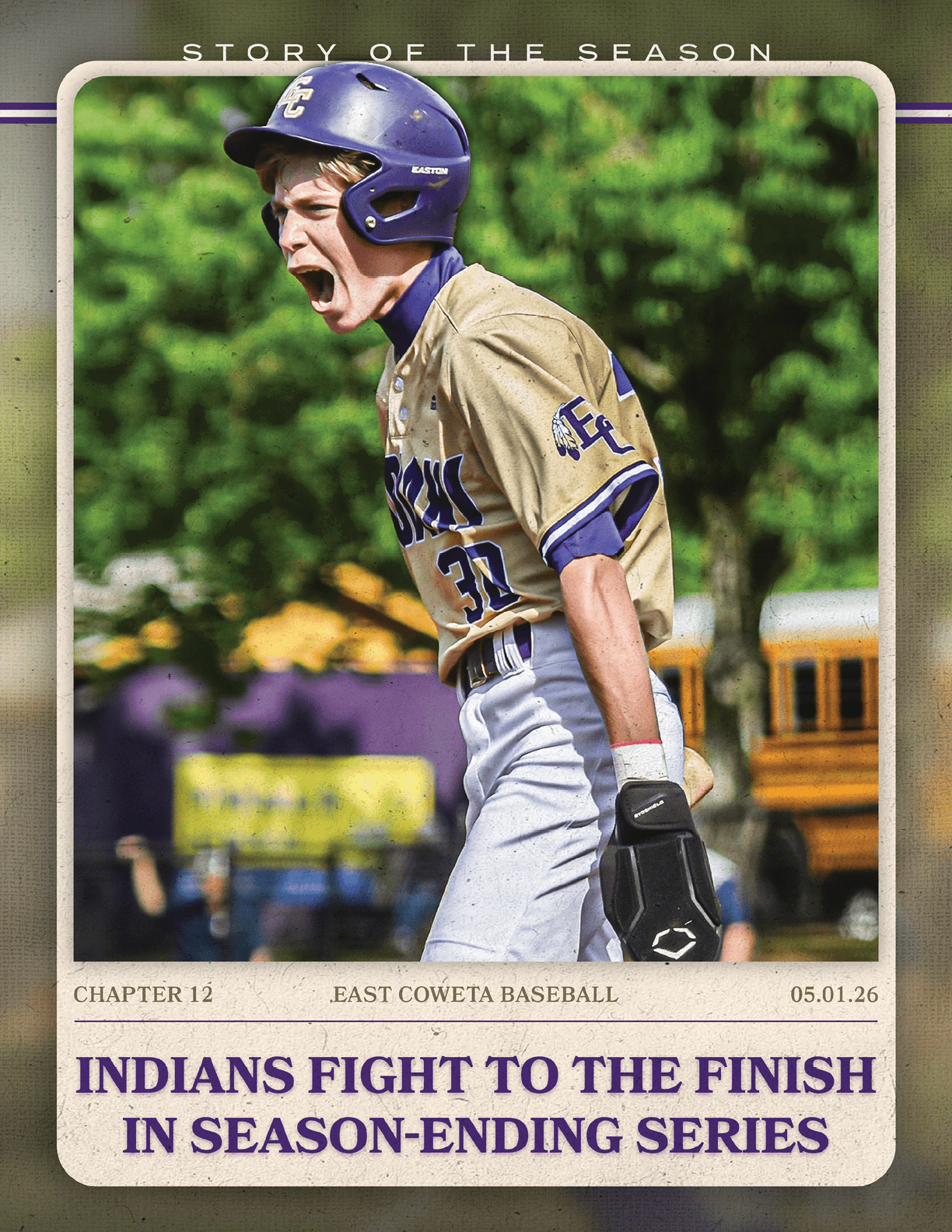 A baseball player is shown swinging a bat, with a catcher behind him. The image is described as a “Story of the Season" advertisement. AI generated content