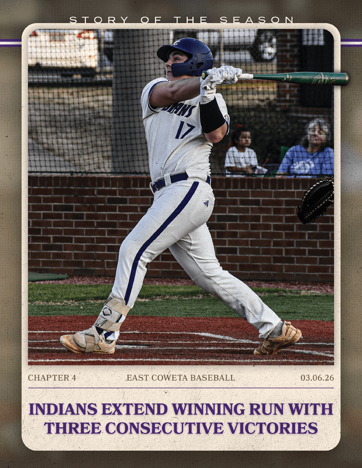 A baseball player is shown swinging a bat, with a catcher behind him. The image is described as a “Story of the Season" advertisement. AI generated content