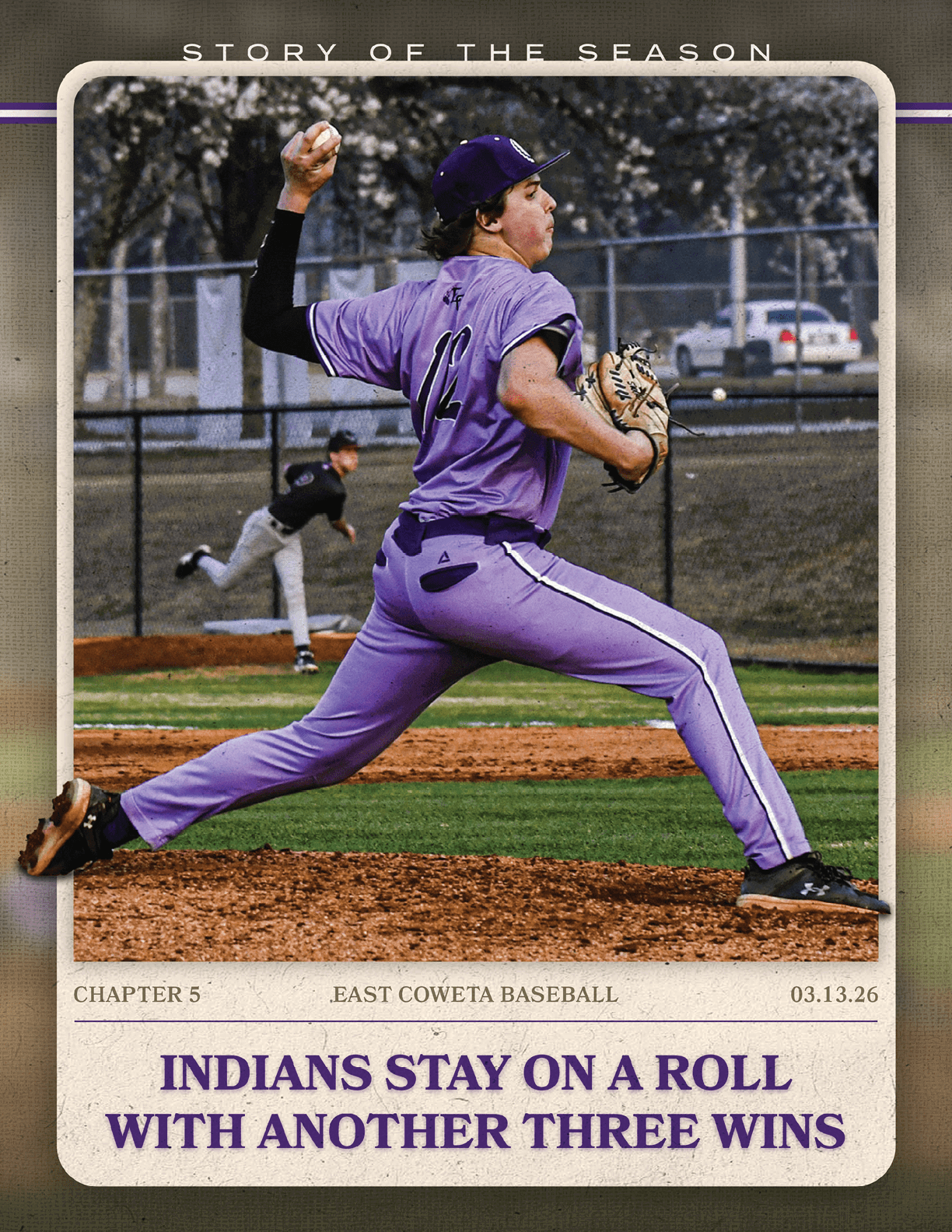 A baseball player is shown swinging a bat, with a catcher behind him. The image is described as a “Story of the Season" advertisement. AI generated content