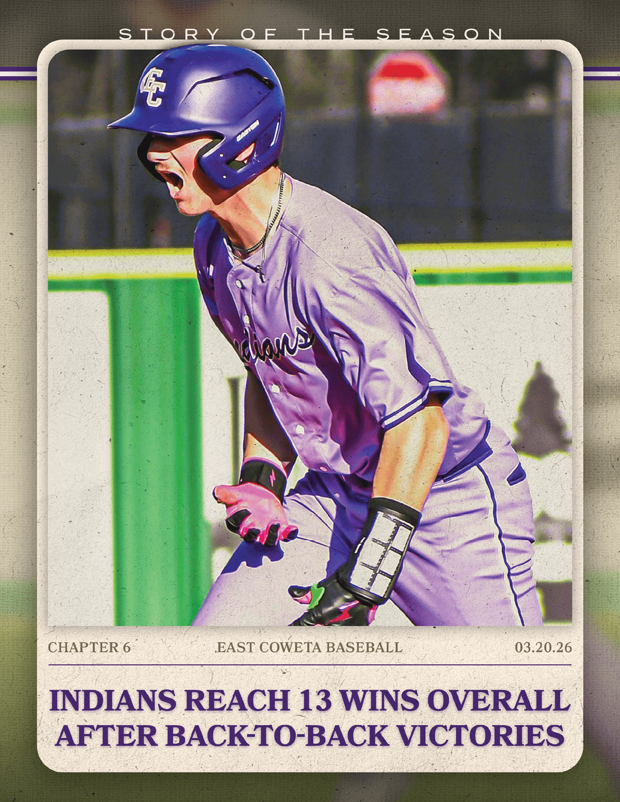 A baseball player is shown swinging a bat, with a catcher behind him. The image is described as a “Story of the Season" advertisement. AI generated content