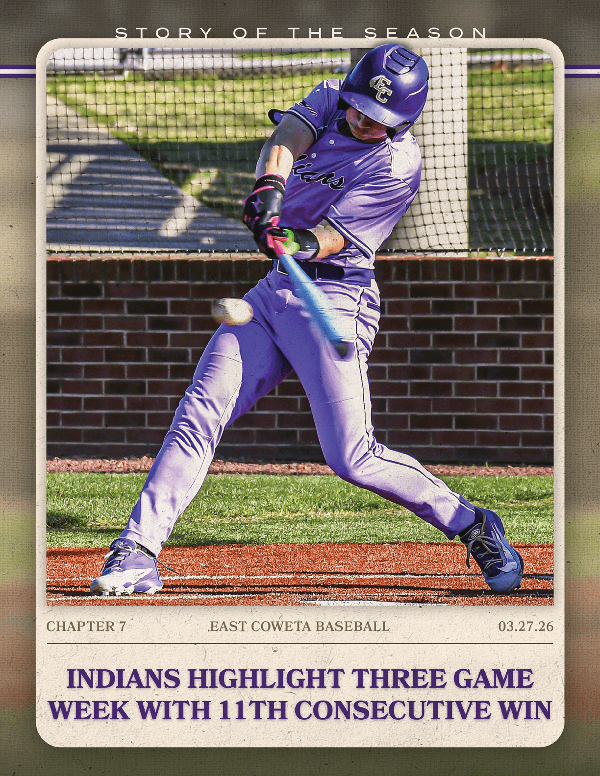 A baseball player is shown swinging a bat, with a catcher behind him. The image is described as a “Story of the Season" advertisement. AI generated content