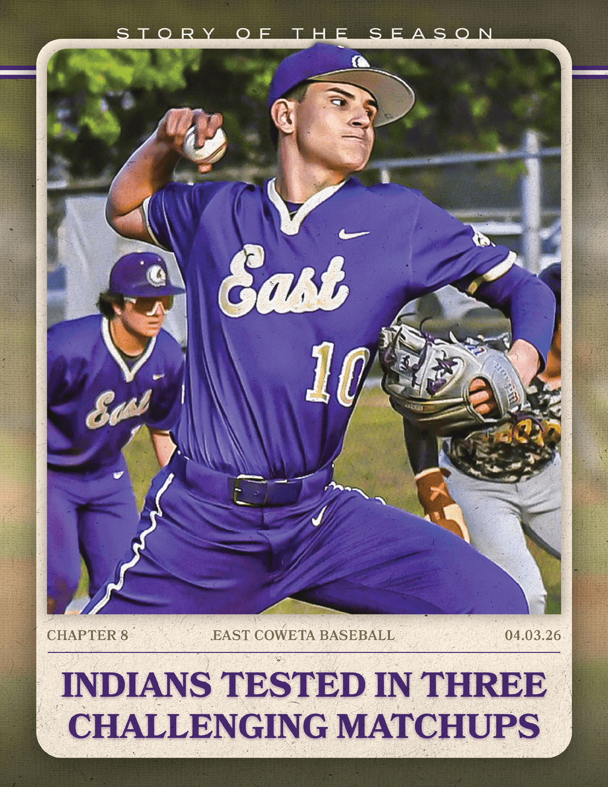A baseball player is shown swinging a bat, with a catcher behind him. The image is described as a “Story of the Season" advertisement. AI generated content