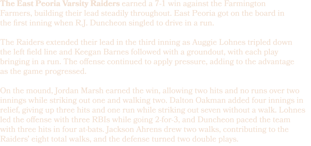 The East Peoria Varsity Raiders earned a 7 1 win against the Farmington Farmers, building their lead steadily through...