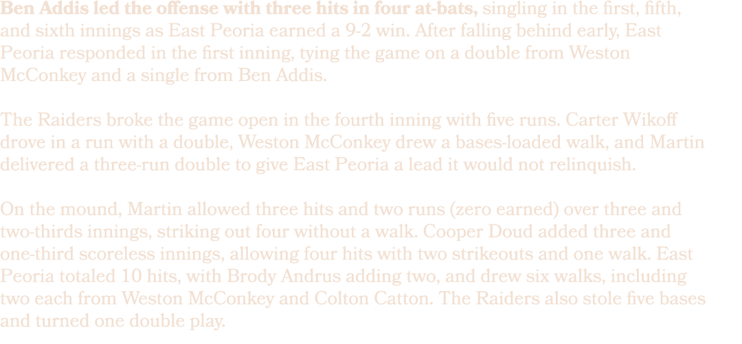 Ben Addis led the offense with three hits in four at bats, singling in the first, fifth, and sixth innings as East Pe...