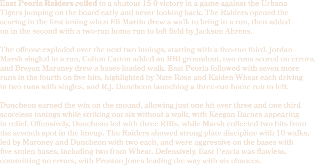 East Peoria Raiders rolled to a shutout 15 0 victory in a game against the Urbana Tigers jumping on the board early a...