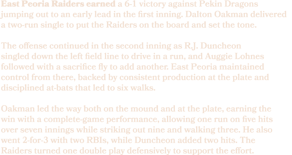 East Peoria Raiders earned a 6 1 victory against Pekin Dragons jumping out to an early lead in the first inning. Dalt...