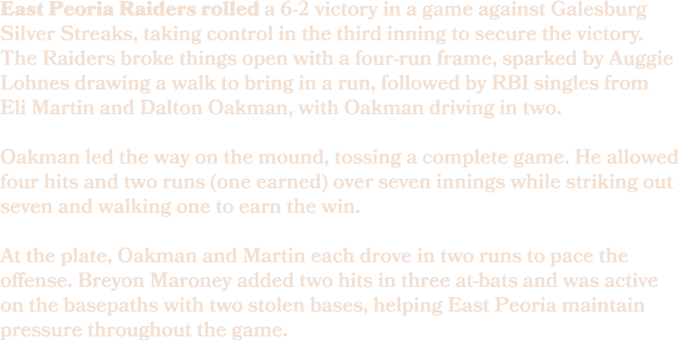 East Peoria Raiders rolled a 6 2 victory in a game against Galesburg Silver Streaks, taking control in the third inni...