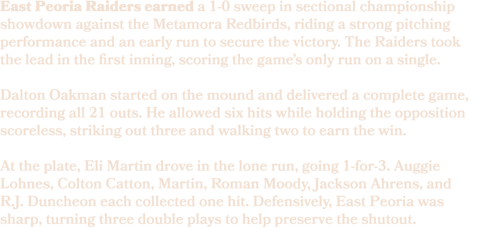 East Peoria Raiders earned a 1 0 sweep in sectional championship showdown against the Metamora Redbirds, riding a str...