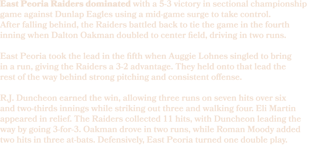 East Peoria Raiders dominated with a 5 3 victory in sectional championship game against Dunlap Eagles using a mid gam...