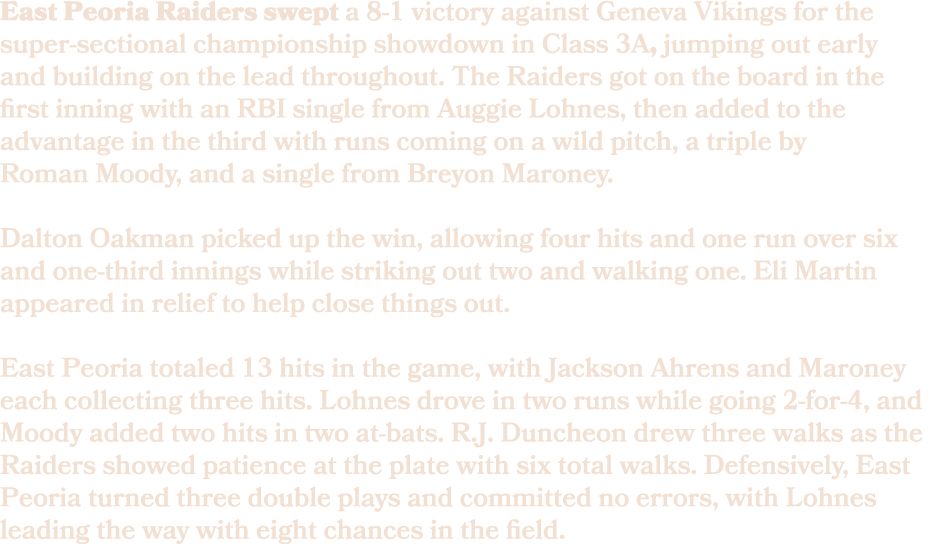 East Peoria Raiders swept a 8 1 victory against Geneva Vikings for the super sectional championship showdown in Class...