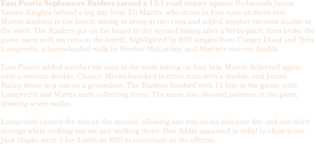 East Peoria Sophomore Raiders earned a 13 1 road victory against Richwoods Junior Varsity Knights behind a big day fr...