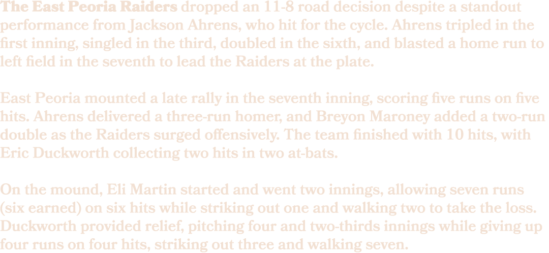 The East Peoria Raiders dropped an 11 8 road decision despite a standout performance from Jackson Ahrens, who hit for...