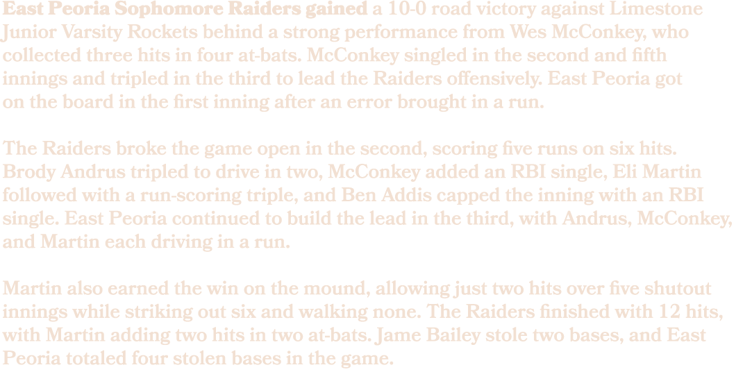 East Peoria Sophomore Raiders gained a 10 0 road victory against Limestone Junior Varsity Rockets behind a strong per...
