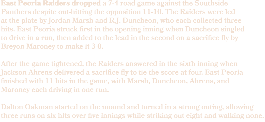 East Peoria Raiders dropped a 7 4 road game against the Southside Panthers despite out hitting the opposition 11 10. ...