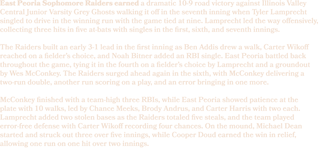 East Peoria Sophomore Raiders earned a dramatic 10 9 road victory against Illinois Valley Central Junior Varsity Grey...