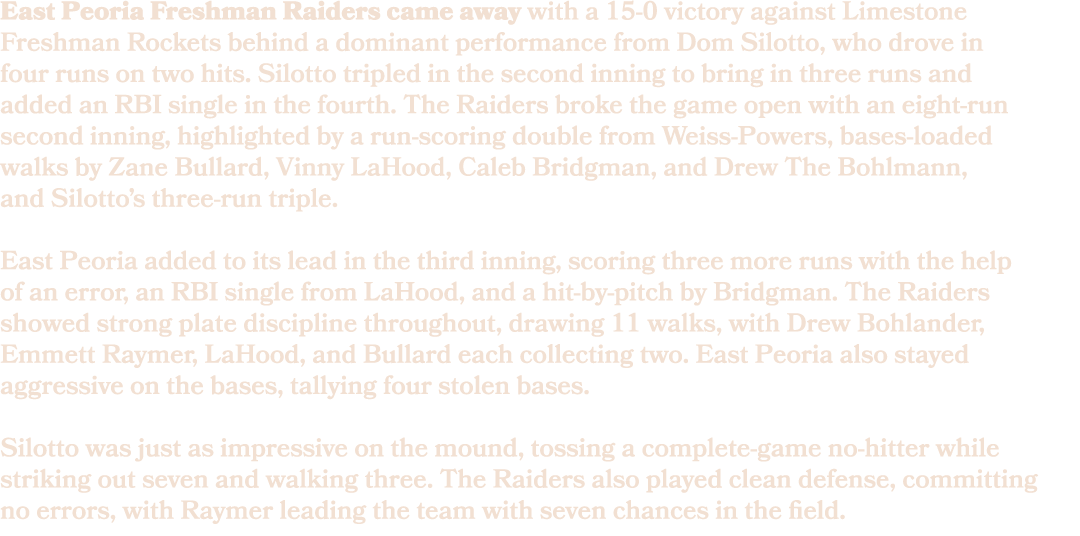 East Peoria Freshman Raiders came away with a 15 0 victory against Limestone Freshman Rockets behind a dominant perfo...