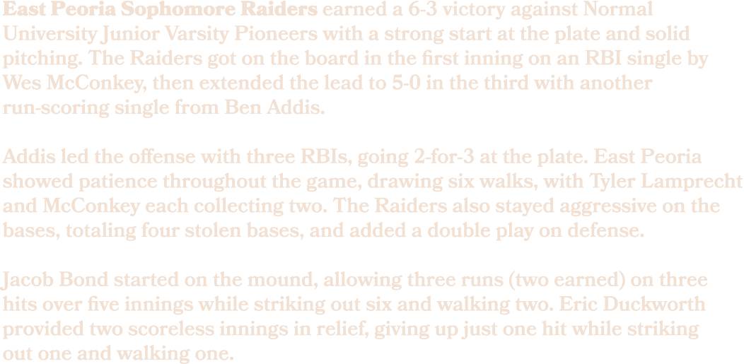 East Peoria Sophomore Raiders earned a 6 3 victory against Normal University Junior Varsity Pioneers with a strong st...