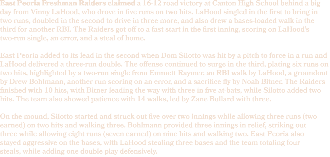 East Peoria Freshman Raiders claimed a 16 12 road victory at Canton High School behind a big day from Vinny LaHood, w...