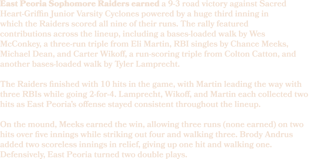 East Peoria Sophomore Raiders earned a 9 3 road victory against Sacred Heart Griffin Junior Varsity Cyclones powered ...