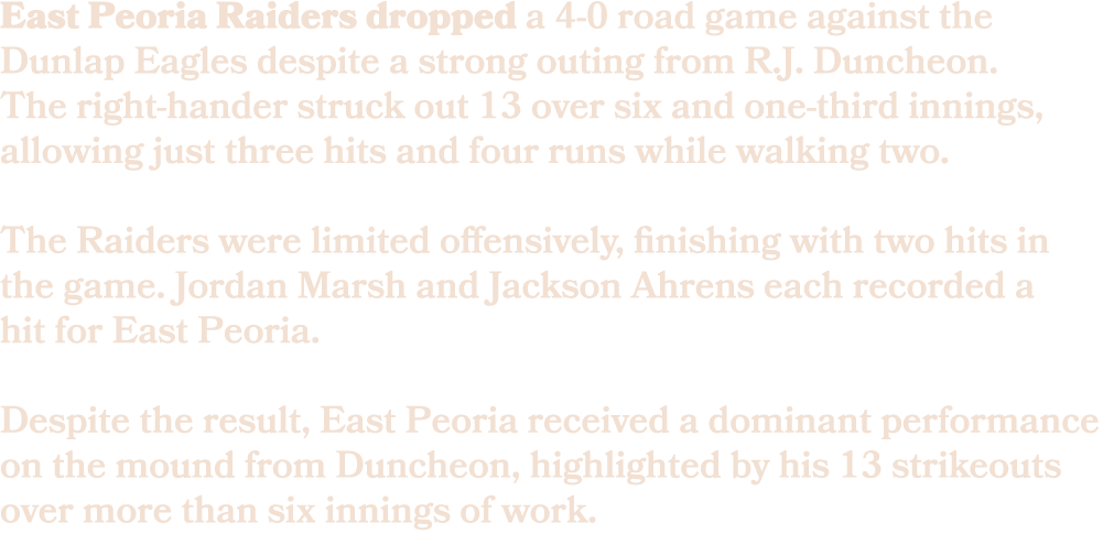 East Peoria Raiders dropped a 4 0 road game against the Dunlap Eagles despite a strong outing from R.J. Duncheon. The...