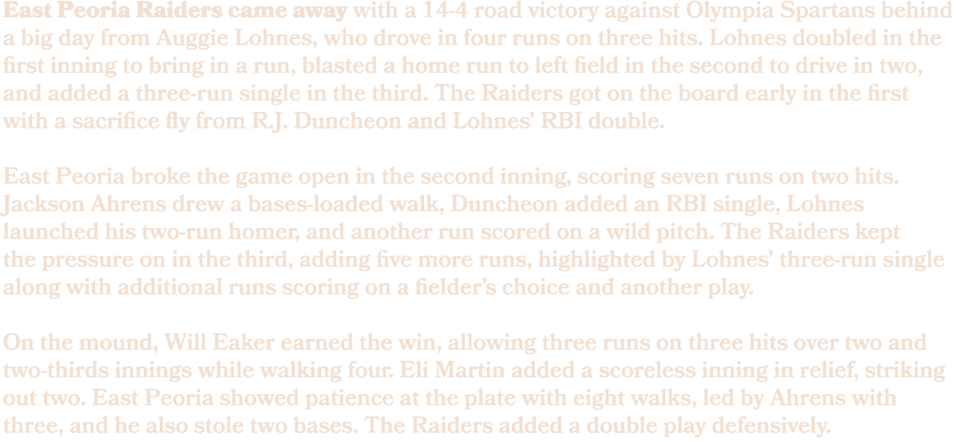 East Peoria Raiders came away with a 14 4 road victory against Olympia Spartans behind a big day from Auggie Lohnes, ...