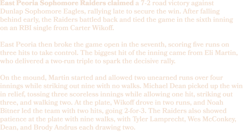 East Peoria Sophomore Raiders claimed a 7 2 road victory against Dunlap Sophomore Eagles, rallying late to secure the...