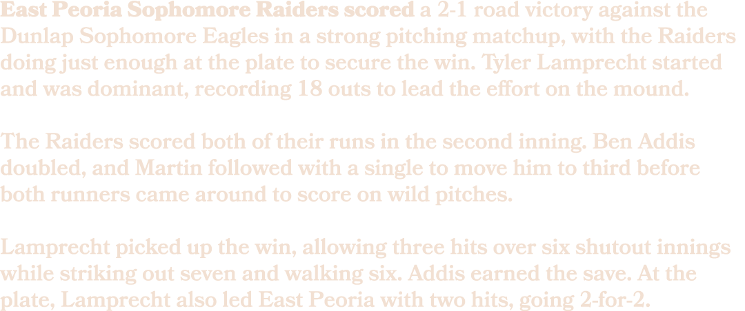 East Peoria Sophomore Raiders scored a 2 1 road victory against the Dunlap Sophomore Eagles in a strong pitching matc...