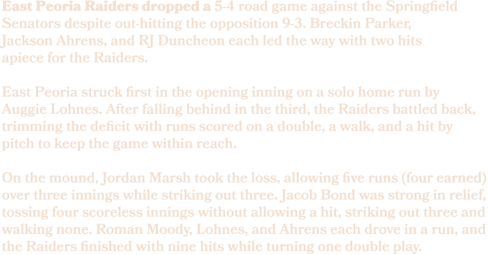 East Peoria Raiders dropped a 5 4 road game against the Springfield Senators despite out hitting the opposition 9 3. ...