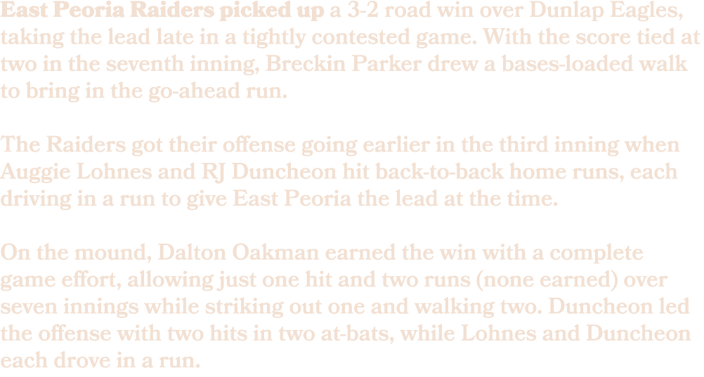 East Peoria Raiders picked up a 3 2 road win over Dunlap Eagles, taking the lead late in a tightly contested game. Wi...