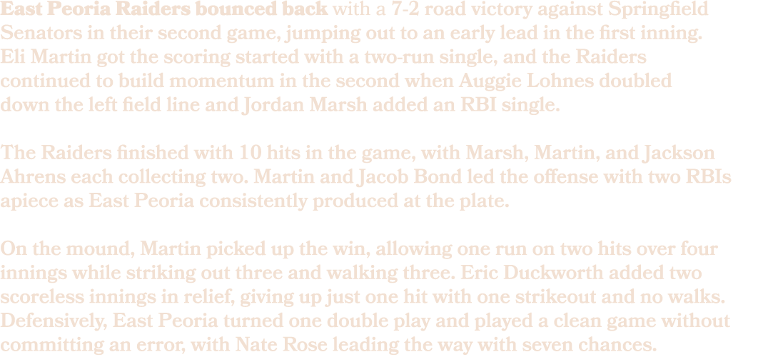 East Peoria Raiders bounced back with a 7 2 road victory against Springfield Senators in their second game, jumping o...