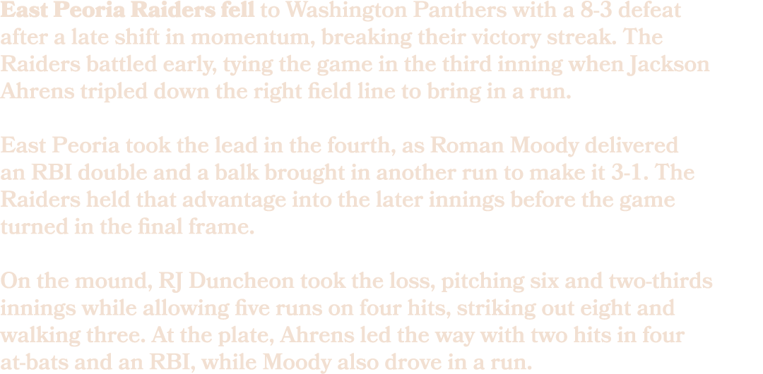 East Peoria Raiders fell to Washington Panthers with a 8 3 defeat after a late shift in momentum, breaking their vict...
