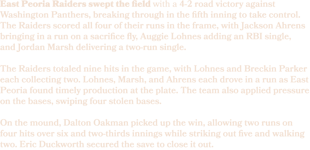 East Peoria Raiders swept the field with a 4 2 road victory against Washington Panthers, breaking through in the fift...