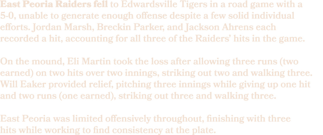 East Peoria Raiders fell to Edwardsville Tigers in a road game with a 5 0, unable to generate enough offense despite ...