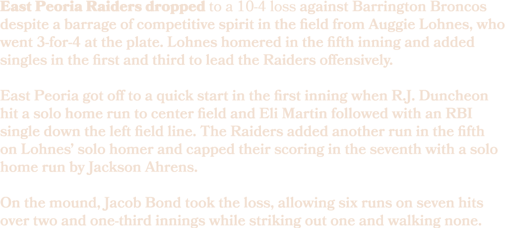 East Peoria Raiders dropped to a 10 4 loss against Barrington Broncos despite a barrage of competitive spirit in the ...