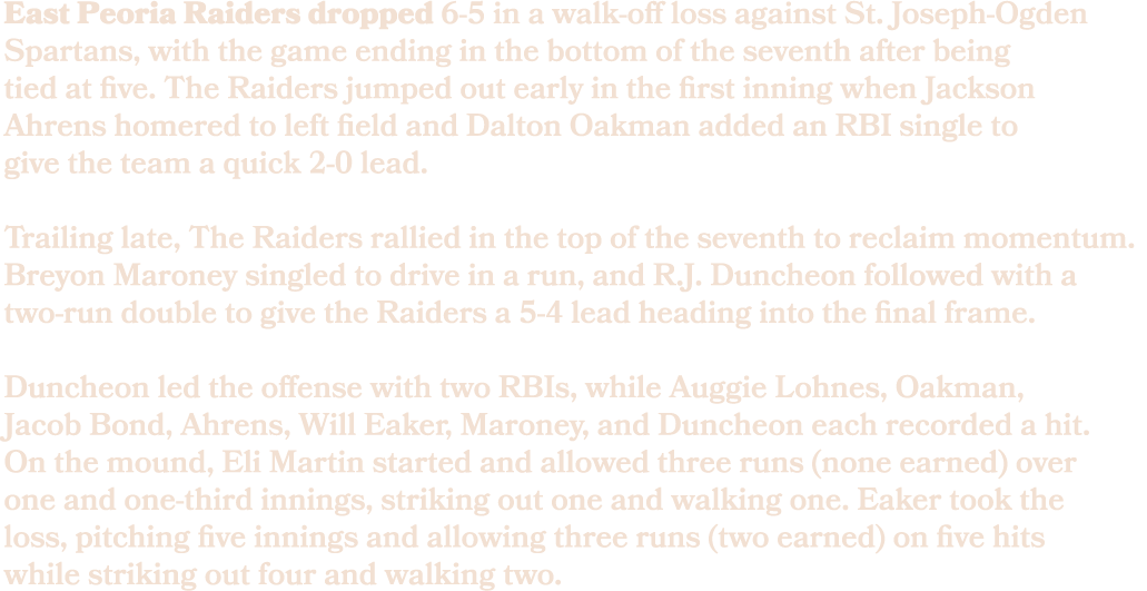 East Peoria Raiders dropped 6 5 in a walk off loss against St. Joseph Ogden Spartans, with the game ending in the bot...