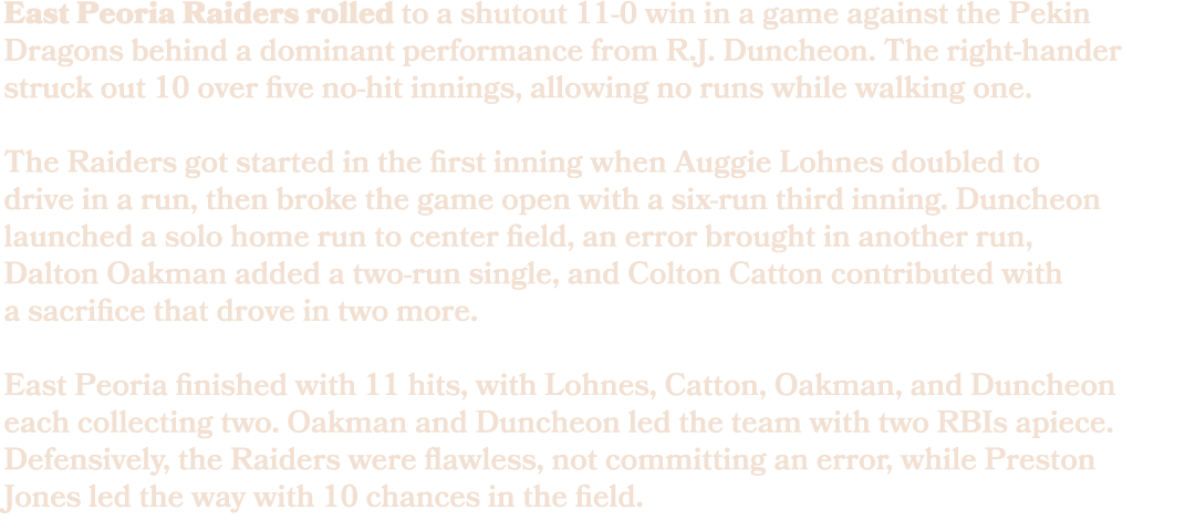 East Peoria Raiders rolled to a shutout 11 0 win in a game against the Pekin Dragons behind a dominant performance fr...