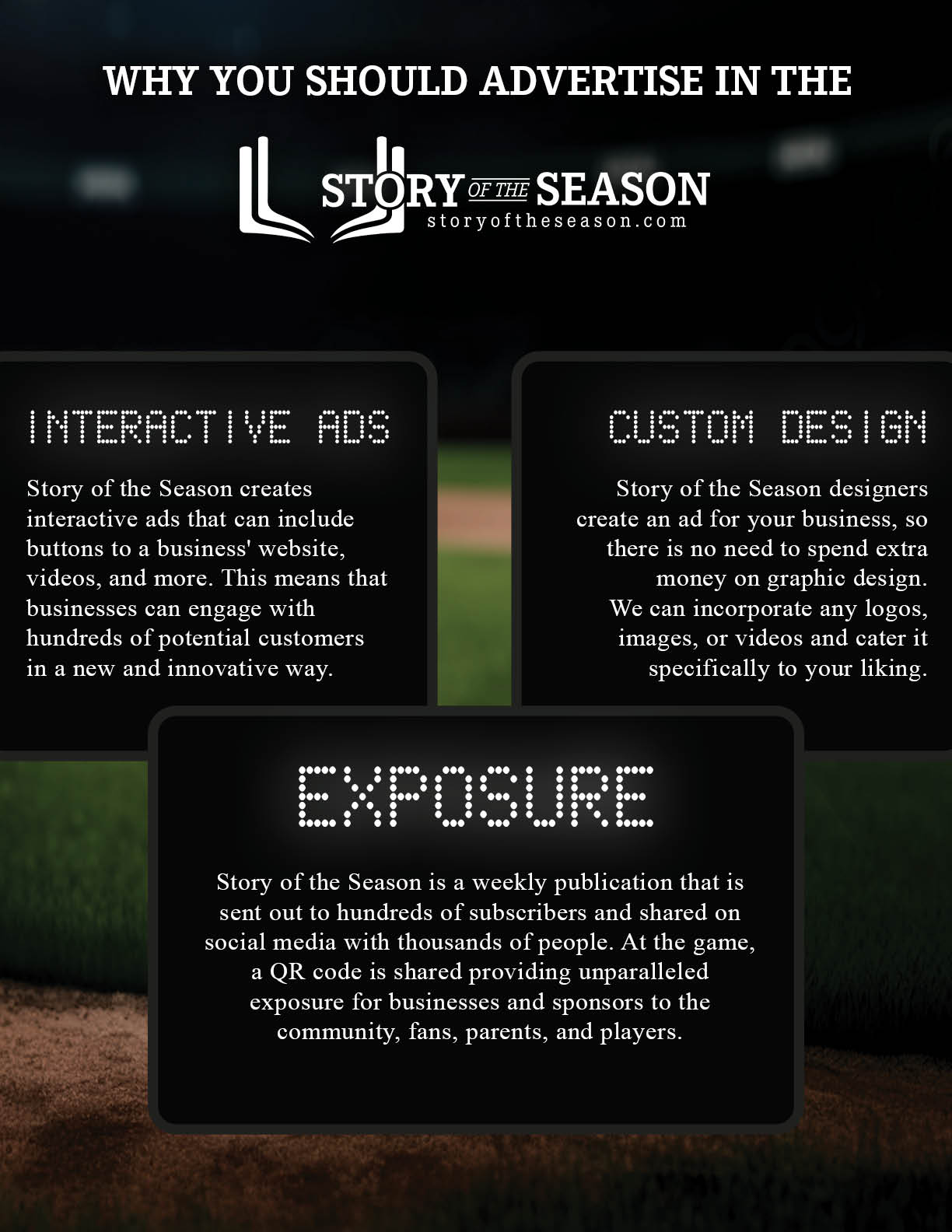 A poster advertising the Story of the Season, featuring a baseball field and a baseball bat. AI generated content