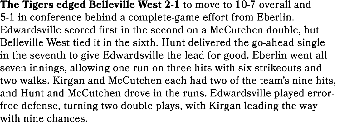 The Tigers edged Belleville West 2 1 to move to 10 7 overall and 5 1 in conference behind a complete game effort from...