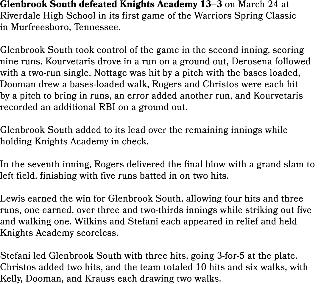 Glenbrook South defeated Knights Academy 13–3 on March 24 at Riverdale High School in its first game of the Warriors ...