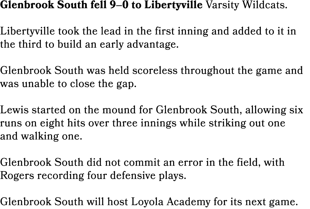 Glenbrook South fell 9–0 to Libertyville Varsity Wildcats. Libertyville took the lead in the first inning and added t...