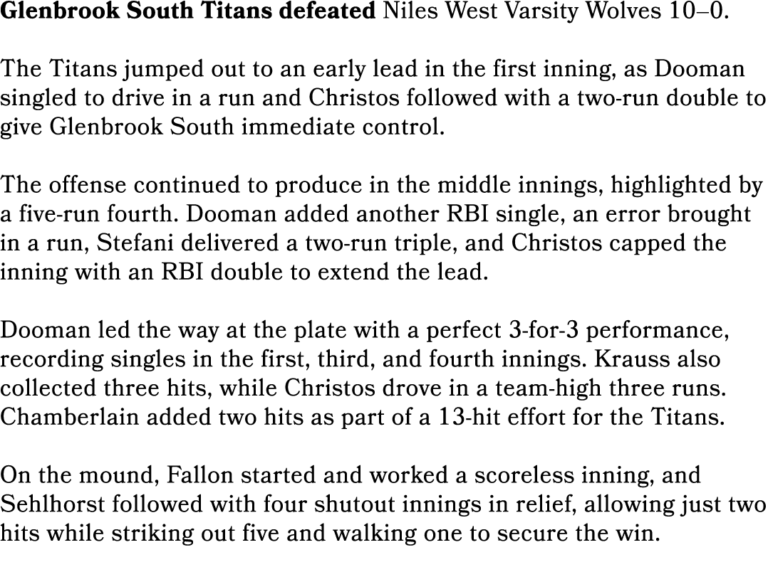 Glenbrook South Titans defeated Niles West Varsity Wolves 10–0. The Titans jumped out to an early lead in the first i...