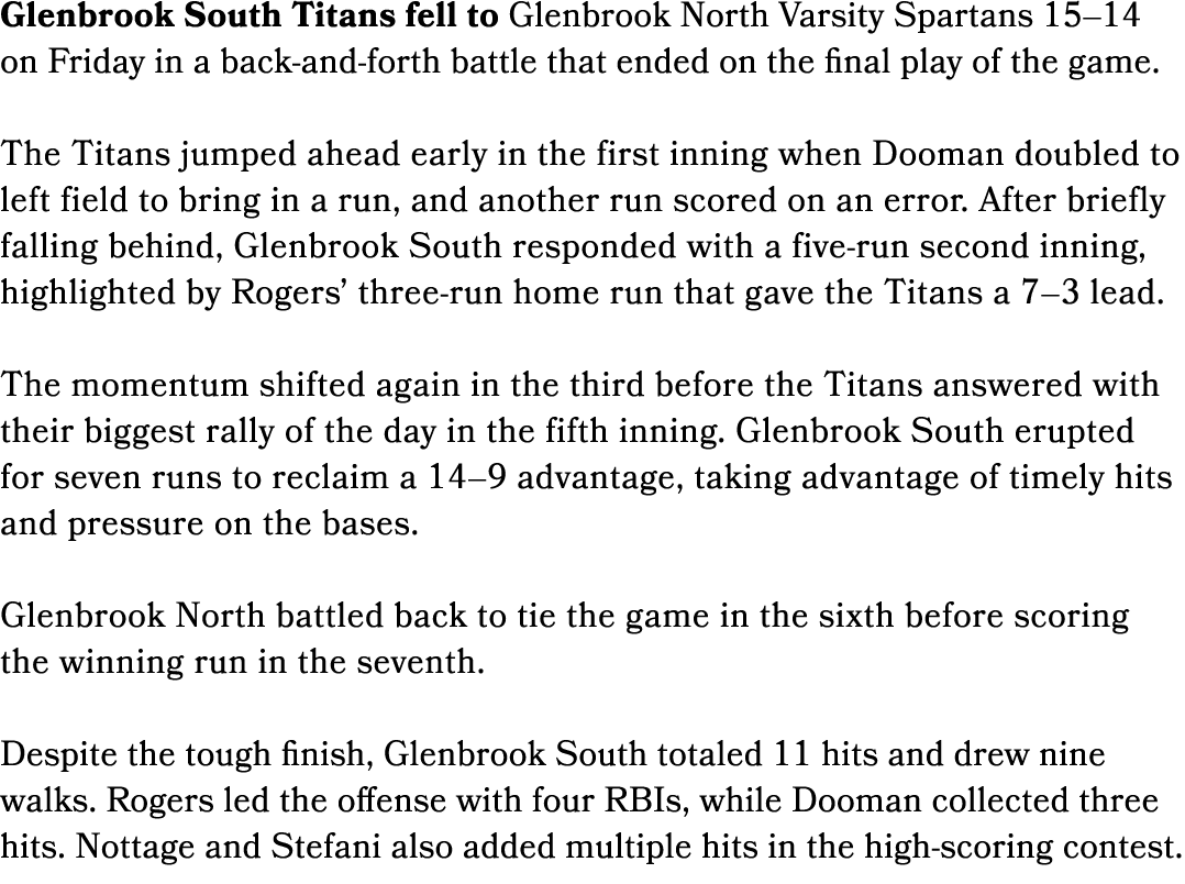 Glenbrook South Titans fell to Glenbrook North Varsity Spartans 15–14 on Friday in a back and forth battle that ended...