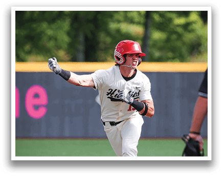 A baseball player wearing a red helmet and white uniform is swinging a bat on a field. AI generated content