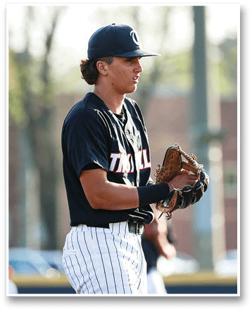 A baseball player wearing a black shirt and white pants is holding a baseball glove. AI generated content