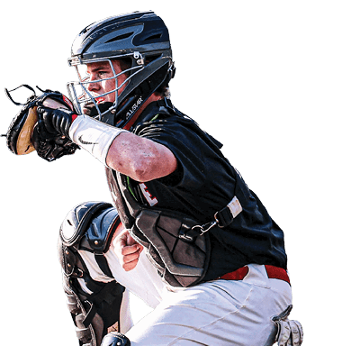 A baseball player wearing a helmet and catcher's gear is kneeling on the ground. AI generated content
