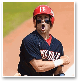 A baseball player wearing a red helmet and black jersey with the word “Huntsville" on it. AI generated content
