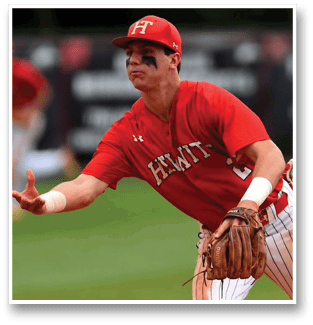 A baseball player in a red shirt and black hat catching a ball. AI generated content