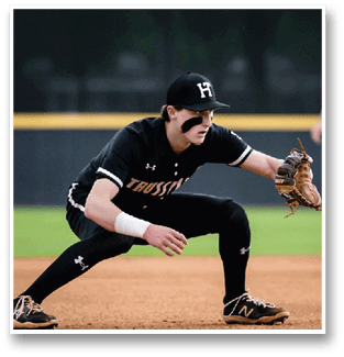 A baseball player in a black shirt and hat is leaning over to catch a ball. AI generated content